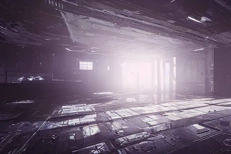 Prompt: a 2 8 mm closeup photo of empty space in a studio with a reflective floor, hyper detailed, smooth, volumetric lighting, octane, greg rutkowski, ripley scott, synthwave, cinematic