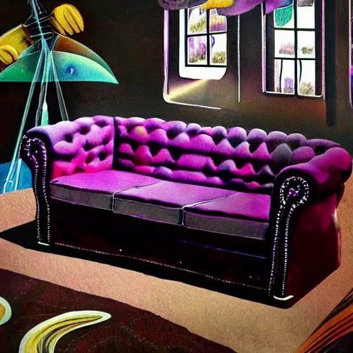 Image similar to couch sofa chesterfield flying through space psychedelic trippy eldritch horror cartoon