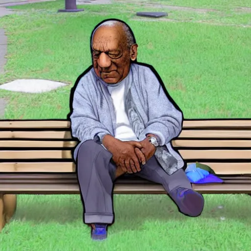 Prompt: 3 d photo of bill cosby with cat ears and long hair looking to her side, sitting on a bench with a park behind her, bokeh, shader, anime art style, highly detailed, cel - shaded, colorful, animated, trending