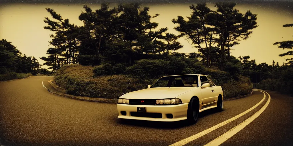 Prompt: Beautiful Polaroid Photograph of Nissan Skyline R33 on a road in Japanese countryside, nightime