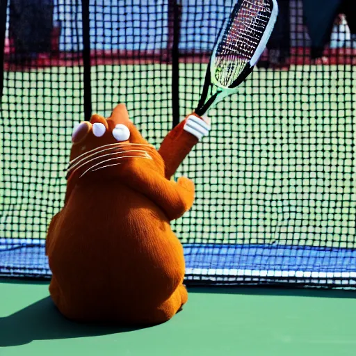 Image similar to A humanoid fridge is playing tennis against Garfield the cat