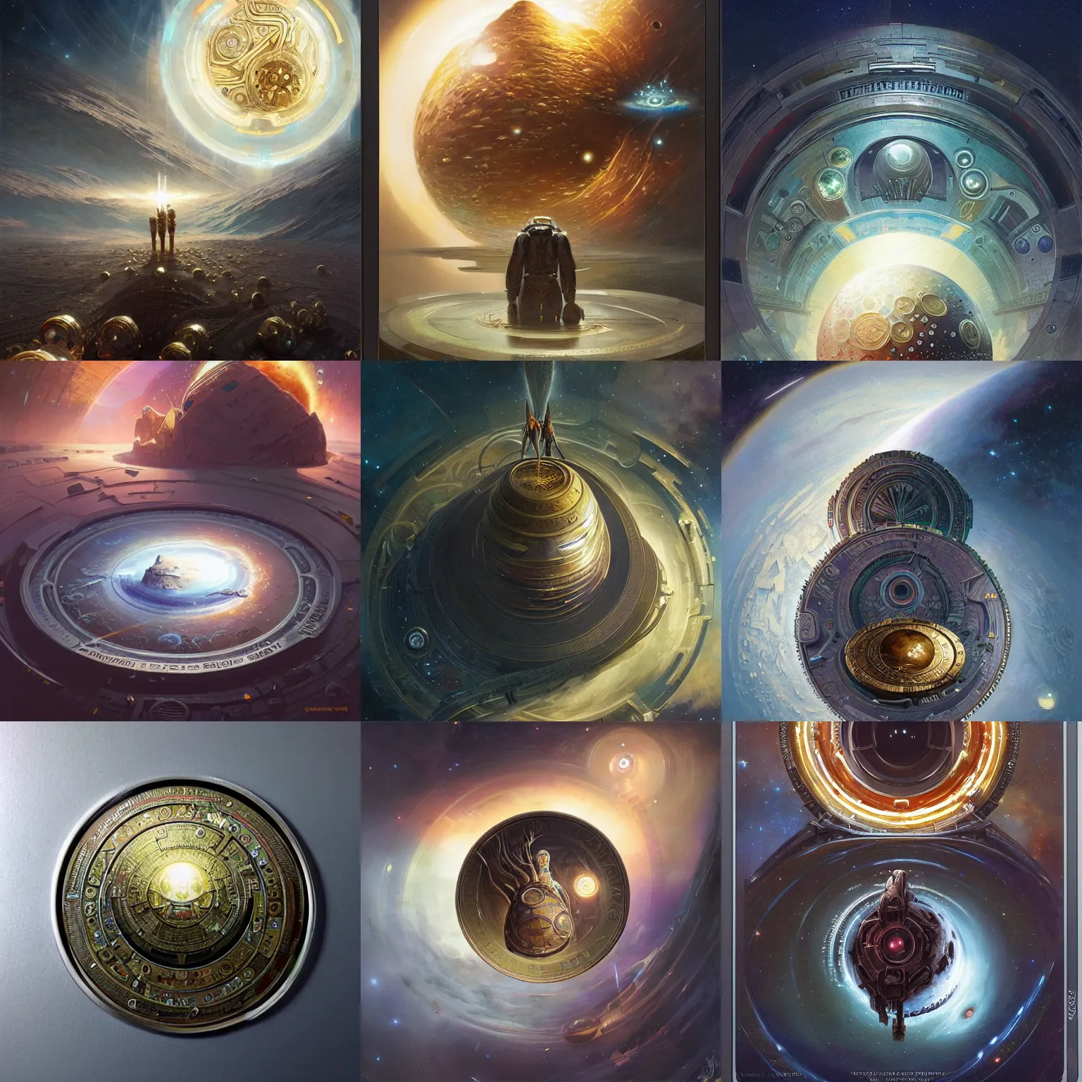 Prompt: a massive coin in the universe, sense of awe, breathtaking, highly detailed, 4 k, iridescent, beautiful design, art by greg rutkowski, peter mohrbacher, james gurney, syd mead,