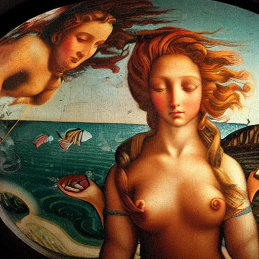 Image similar to fish eye of the birth of venus looking at me, dark lighting