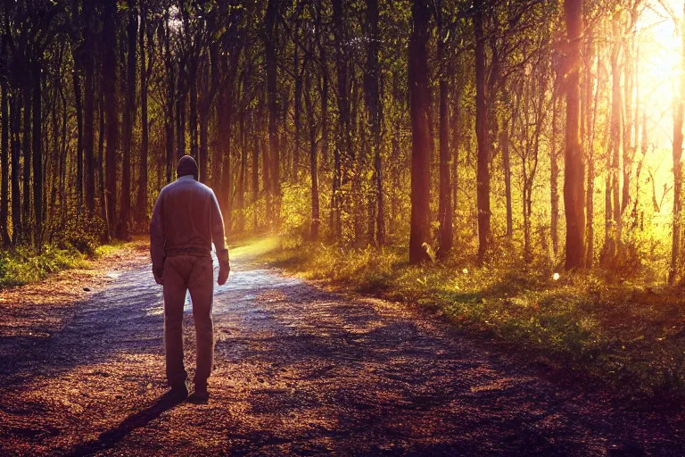 Image similar to a man standing on a dirt road in the woods, a stock photo by gregorius sickinger, pixabay contest winner, primitivism, rendered in maya, anamorphic lens flare, dark