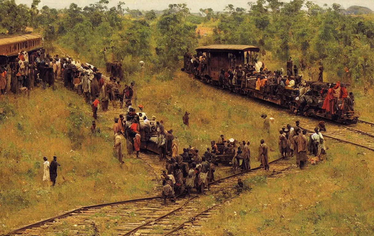 Image similar to railroad train travelling in rural nigeria, 1885, highly detailed oil on canvas, by Ilya Repin