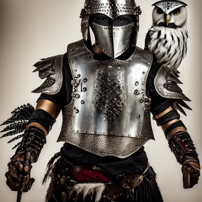 Image similar to portrait photograph of a warrior with metal owl armour. Extremely detailed. 8k