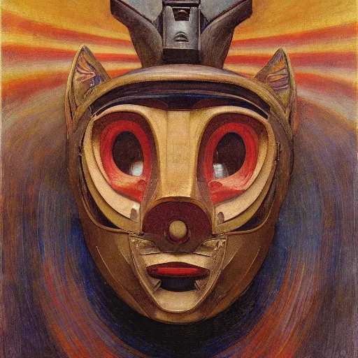 Image similar to masterpiece painting of a robot cat head mask, by annie swynnerton and diego rivera and nicholas roerich and jean delville, symbolist, dramatic lighting, god rays, elaborate geometric ornament, art brut, rich colors, smooth, sharp focus, extremely detailed, adolf wolfli and ( donato giancola )