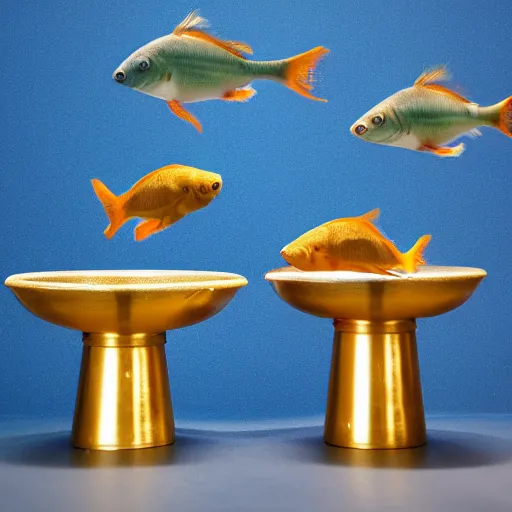 Image similar to there are two round water bowls on a blue table with a blue background. a gold fish is jumping from one bowl to the other one