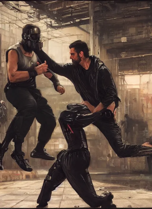 Image similar to bruce wayne teaching self defense. cyberpunk mercenary in a cyberpunk jumpsuit ( blade runner 2 0 4 9, cyberpunk 2 0 7 7 ). orientalist portrait by john william waterhouse and james gurney and theodore ralli and nasreddine dinet, oil on canvas. cinematic, hyper realism, realistic proportions, dramatic lighting, high detail 4 k