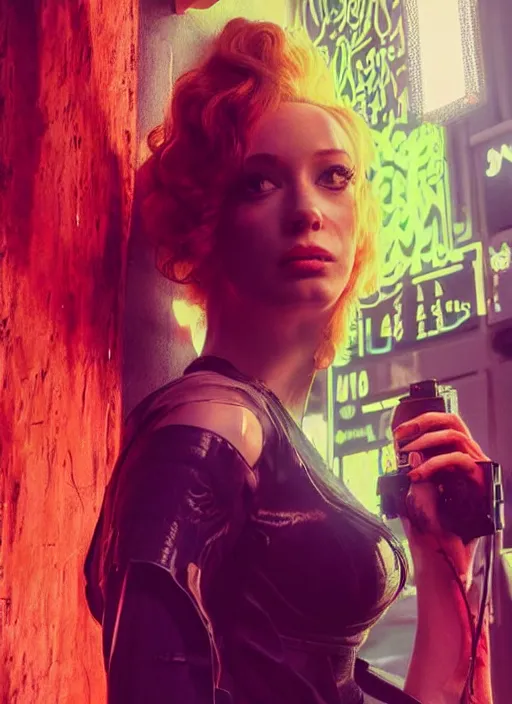 Prompt: upper body photograph portrait of a very pretty!!! christina hendricks in cyberpunk 2 0 7 7, symmetric face, petzval lens, sharp focus, smooth, space station. by alesio albi and george lucas and stanley kubrick