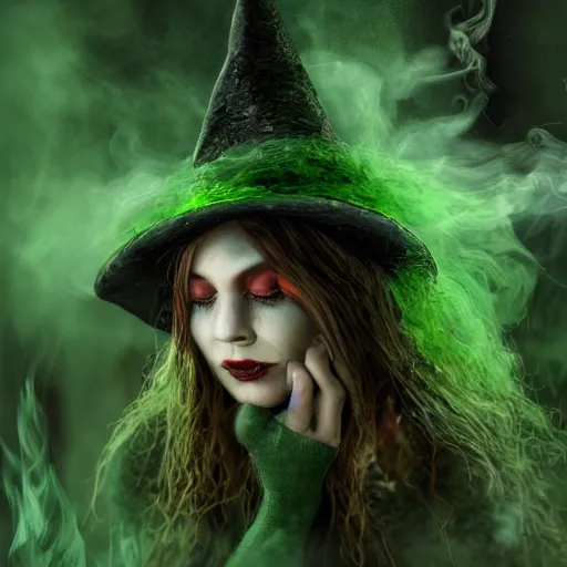 Image similar to close shot of a witch brewing in her lair, depressing, gloomy, tired, detailed, witch hat, dungeon, green smoke, fire, smoke, realism, realistic, hyper detailed, green lighting, ambient lighting, smoke, haze, bokeh, acrylic, digital painting,