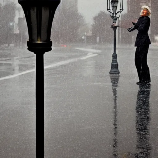 Prompt: marlin monroe leaning against a lamppost in the pouring rain, hyper realism, beautiful figure, photography