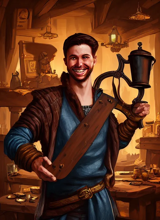 Image similar to An epic fantasy comic book style portrait painting of a handsome young man with brown wavey hair, wearing thief clothing in a tavern and smiling with a wooden tankard in hand, unreal 5, DAZ, hyperrealistic, octane render, cosplay, RPG portrait, dynamic lighting