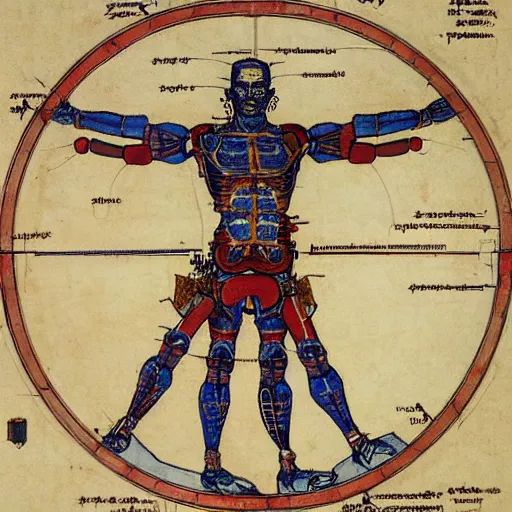 Prompt: a brilliantly colored scroll of an exploded diagram of a detailed engineering schematic of a cyborg samurai in the pose vitruvian man in the style of jean giraud
