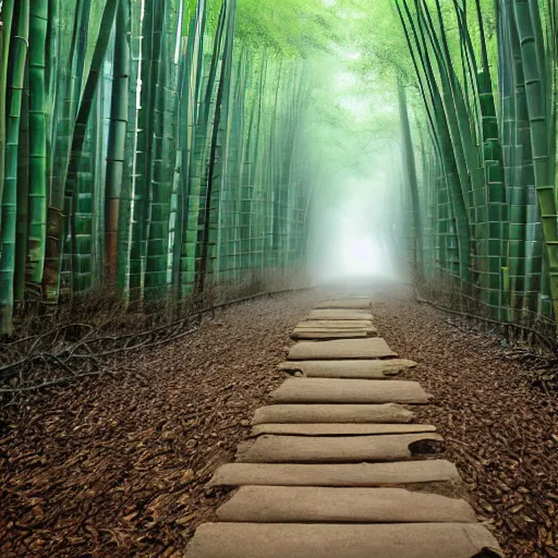 Image similar to round stone path in bamboo forest, dense fog