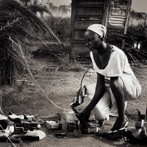 Image similar to photo of beautiful African woman inspecting laser gun, tools and junk on the ground,wires with lights, old village in the distance, vintage old photo, black and white, sepia