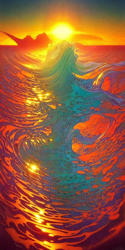 Prompt: ocean wave around psychedelic mushroom, dmt water, lsd ripples, backlit, sunset, refracted lighting, art by collier, albert aublet, krenz cushart, artem demura, alphonse mucha