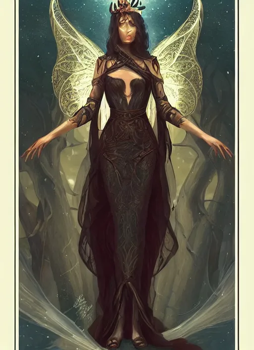 Image similar to tarot!!, fairy queen, fantasy medieval, no noise, elegant, concept art, sharp focus, beautiful face!!, digital art, smooth defined outlines!!, by Brom, trending on Artstation, Tom Bagshaw, Sargent