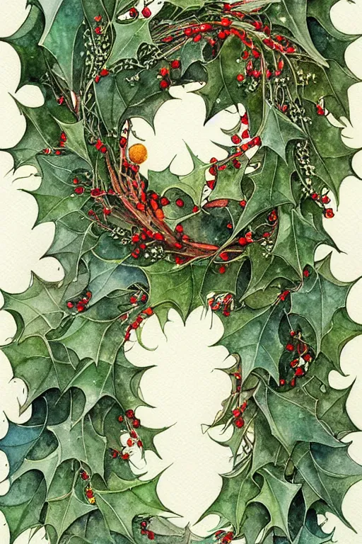 Image similar to realistic watercolor painting of a wreath of holly on a white background, detailed art by kay nielsen and walter crane, illustration style, watercolor