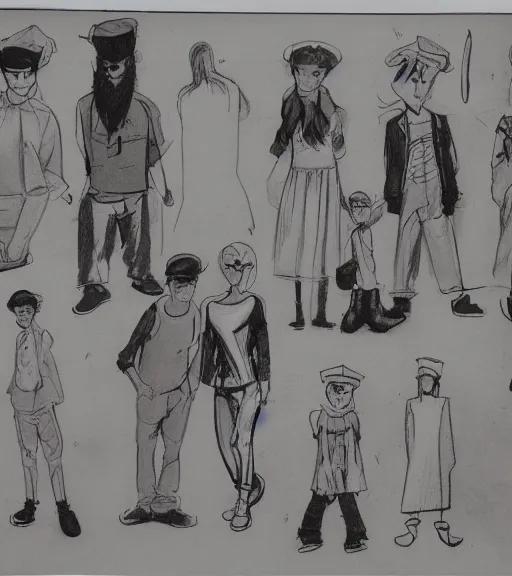 Prompt: full page scan of many character design sketches. young man, young mother, man with beard. Everyone has pale grey eyes. sailor caps, German, tapa, simple clothing. in the style of Jillian Tamaki and Richard Corben. costume designs, pleasant faces, nature colors