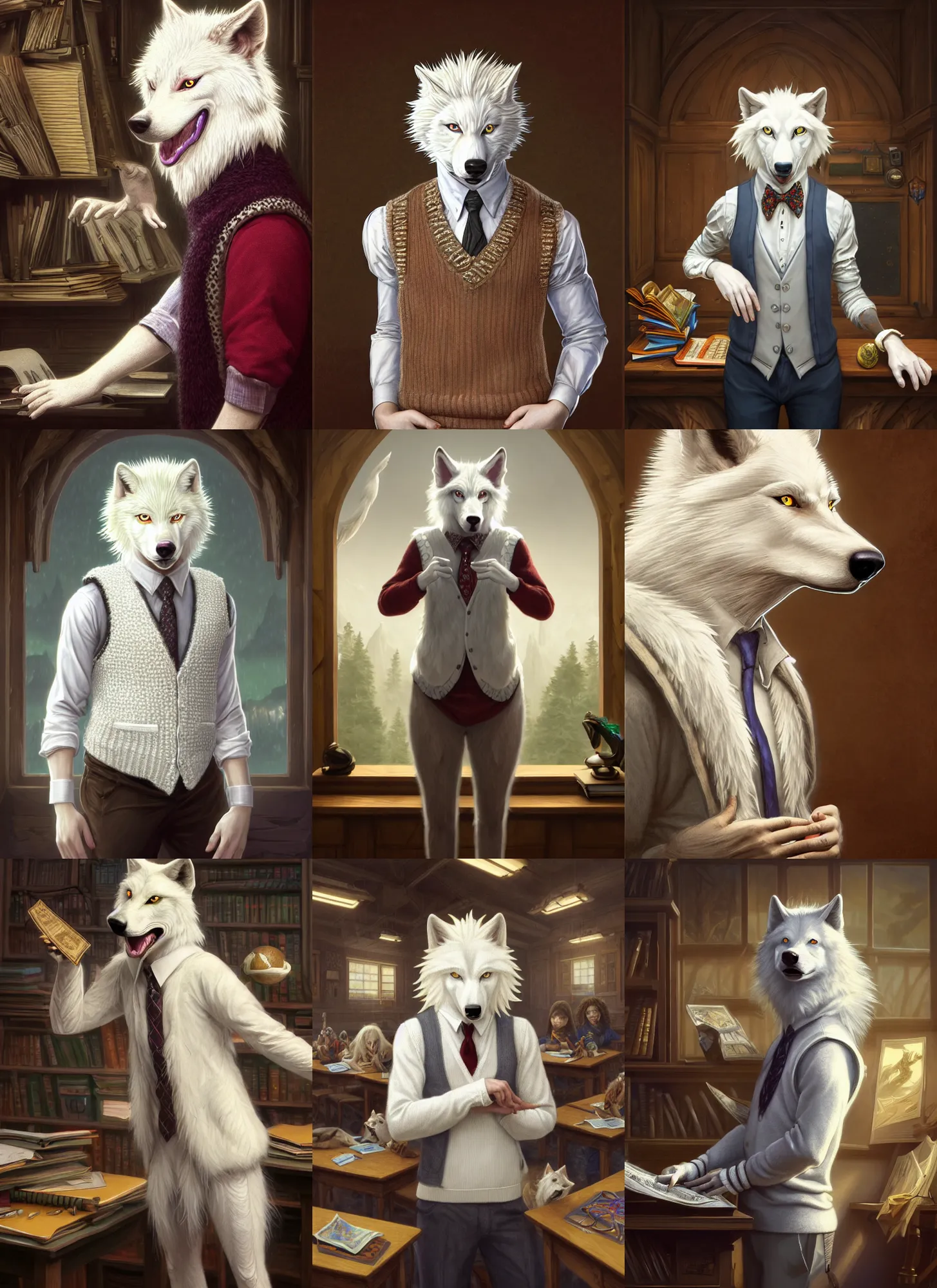 Prompt: photograph of a male anthropomorphic albino wolf fursona wearing a sweater vest in a school classroom, deep focus, intricate, elegant, highly detailed, digital painting, artstation, concept art, matte, sharp focus, illustration, d & d, fantasy, hearthstone, art by artgerm and greg rutkowski and alphonse mucha