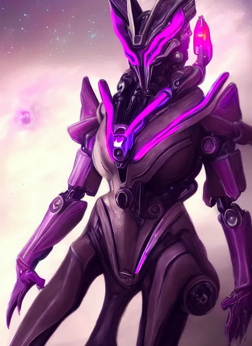 Image similar to detailed cinematic shot, cosmic sized perfectly proportioned stunning beautiful hot female warframe, detailed cyborg mecha female dragon head, metal ears purple eyes, silver armor, fuschia leds, floating in empty space, nebula sized, holding a planet, epic proportions, epic size, epic scale, furry art, dragon art, giantess art, warframe fanart, furaffinity, deviantart