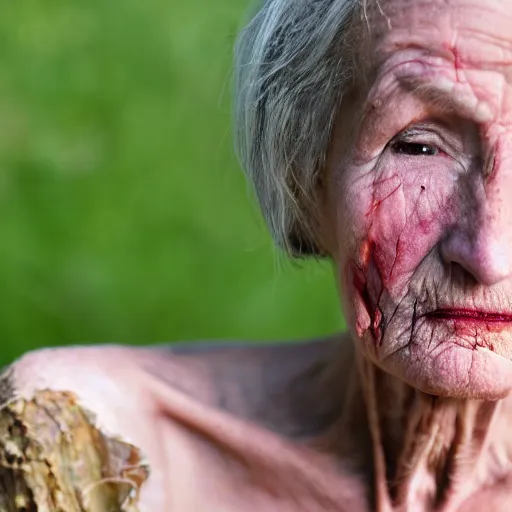 Image similar to scarred older woman, faded beauty, fragile optimism