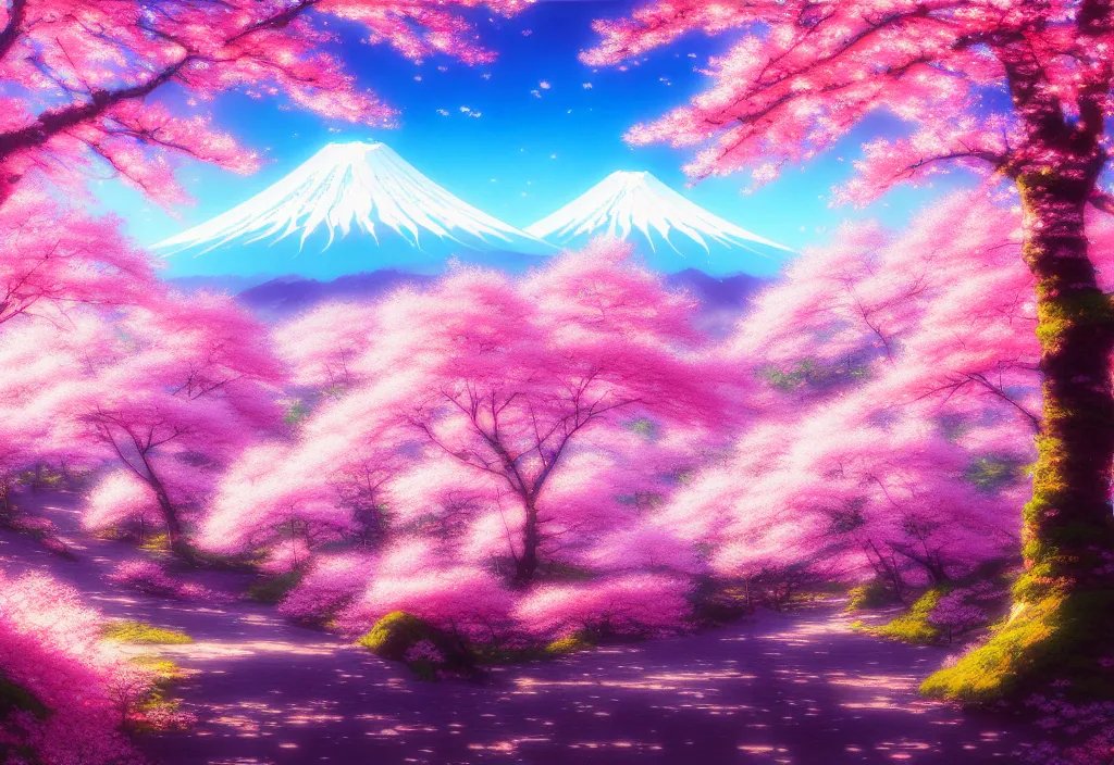 Prompt: a real photographic landscape painting with incomparable reality, wide angle, in forest, flowers, cherry blossom tree in full bloom, bright style, mount fuji, clearing, magnificent, artstation, art by makoto shinkai