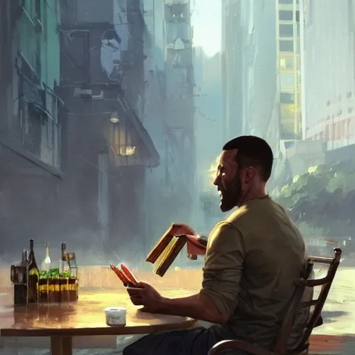 Image similar to A US marine eating crayons in a posh restaurant as a grand theft auto 5 loading screen, art by Andreas Rocha and greg rutkowski, highly detailed, digital painting, matte painting, concept art, illustration, dim lighting, trending on artstation, very detailed