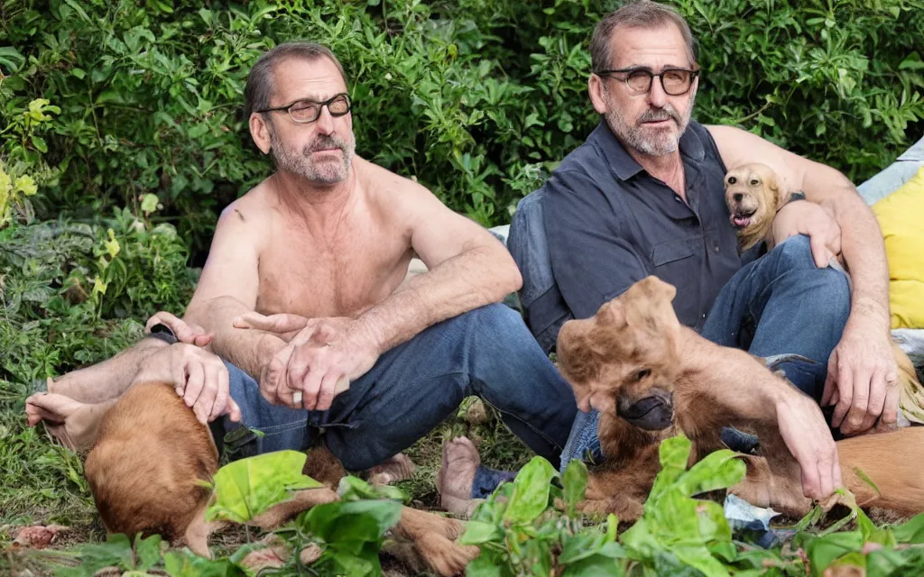 Image similar to My dad Steve just took a hit from the bongo and have good time being gracefully relaxed in the garden, sunset lighting. My second name is Carell. My dad second name is Carell. Im the dog and Steve Carell is my dad. Detailed face