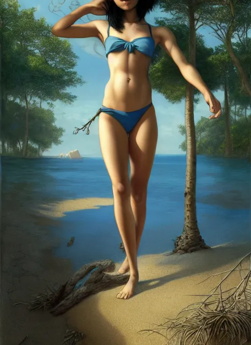 Prompt: a young tanned petite girl with short black hair, in a body, on the sandy beach of a blue lake in a pine forest, hyperrealism, no blur, 4 k resolution, ultra detailed, style of tyler edlin, tom bagshaw, arthur rackham, ivan shishkin