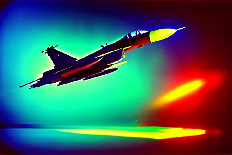 Image similar to stylized poster of an f - 1 6 fighter, thick neon lights, ektachrome photograph, volumetric lighting, f 8 aperture, cinematic eastman 5 3 8 4 film