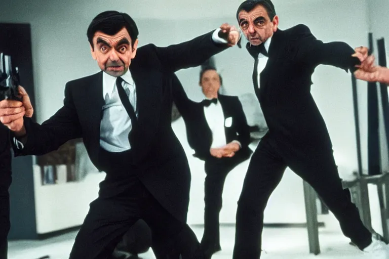 Image similar to mr bean from 1 9 9 0 s as james bond in an action scene fighting a villain, professional photography, 8 k, cinematic