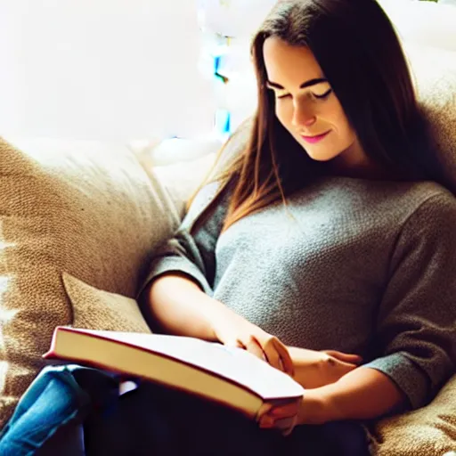 Image similar to person lounging on a pillow reading a book