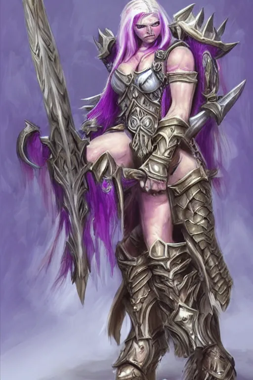 Prompt: world of warcraft concept art, barbarian warrior woman, long white hair, heavy armor with amethysts details