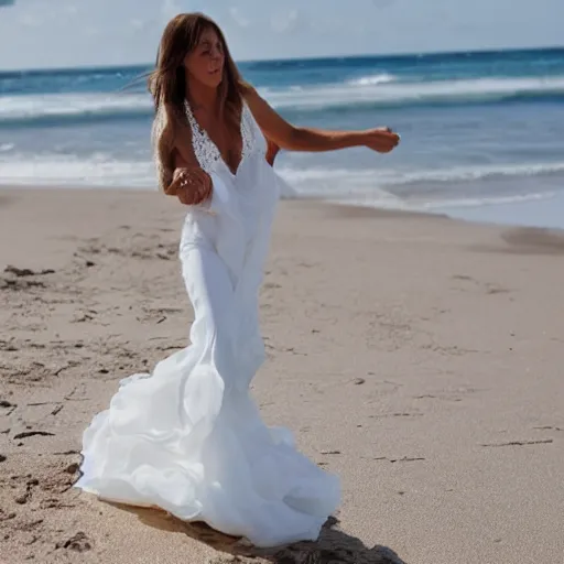 Prompt: White wedding dress on the beach photo