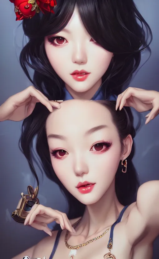 Image similar to a pin up and beautiful fashion charming dreamlke korea girl with lv jewelry, character art, art by artgerm lau and kyoung hwan kim and and ilya kuvshinov and john singer sargent, hyperdetailed, 8 k realistic, symmetrical, frostbite 3 engine, cryengine, dof, trending on artstation, digital art