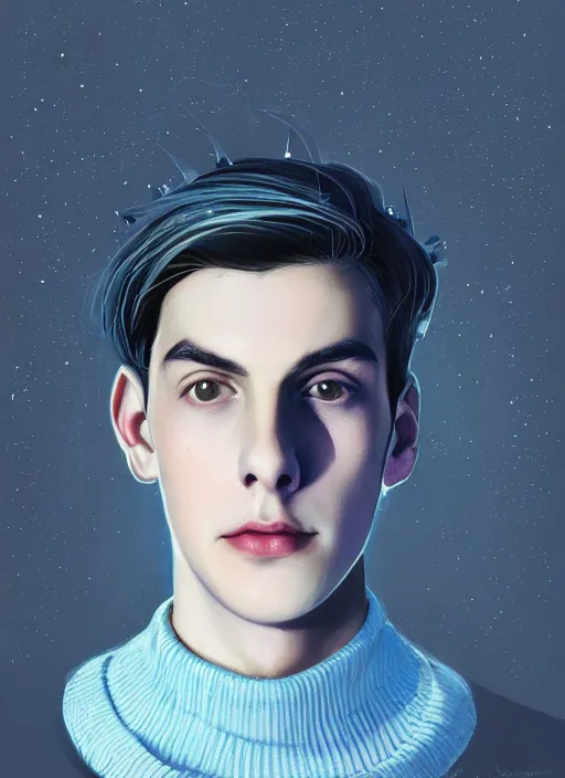 Image similar to portrait of teenage jughead jones wearing a light grey crown, crown, blue turtleneck, 1 9 5 0 s, closed eyes, photorealistic, black hair, glowing lighting, intricate, elegant, glowing lights, highly detailed, digital painting, artstation, concept art, smooth, sharp focus, illustration, art by wlop, mars ravelo and greg rutkowski