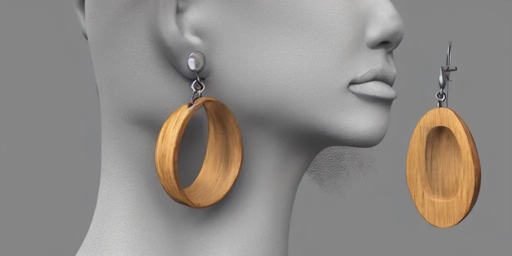 Image similar to earring design, jewelry design, wood, nordic, material, product design, trending on artstation, cgsociety, photo realistic, design by ziva cph and isabel lennse, 8 k, unreal engine, c 4 d