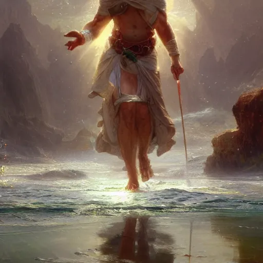 Prompt: a holy saint walking on top of water. photorealism. pseudo realistic. detailed. 4 k masterpiece. cgsociety. by tianhua xu. by gaston bussiere.