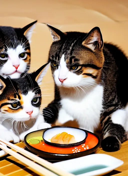 Image similar to clear photograph of cute cats eating sushi from sushi plates