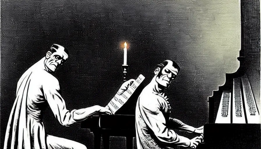 Prompt: Frankenstein playing piano. Artwork, classic, famous, style of Cassius Marcellus Coolidge.