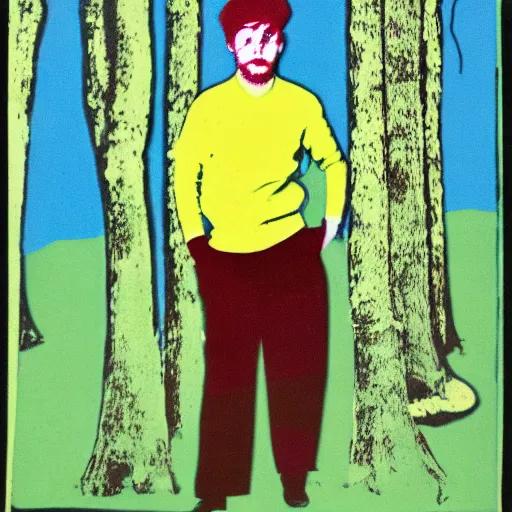 Image similar to beatnik standing in forest, style of andy warhol