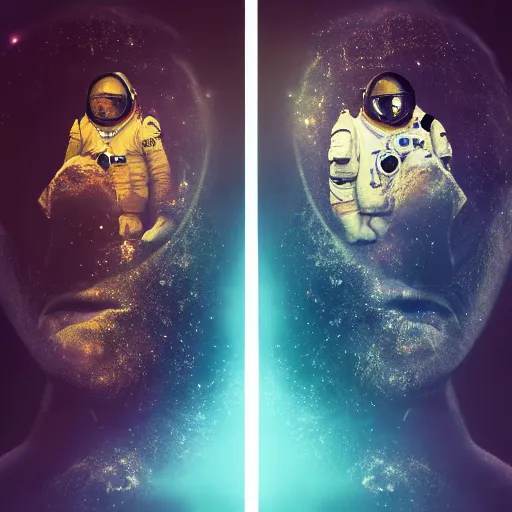 Image similar to double exposure portrait split in the middle, showcasing one astronaut and one chimpanzee in a suit posing with space in the background, pencil art, high definition, dynamic lighting stars, sharpness, golden ratio