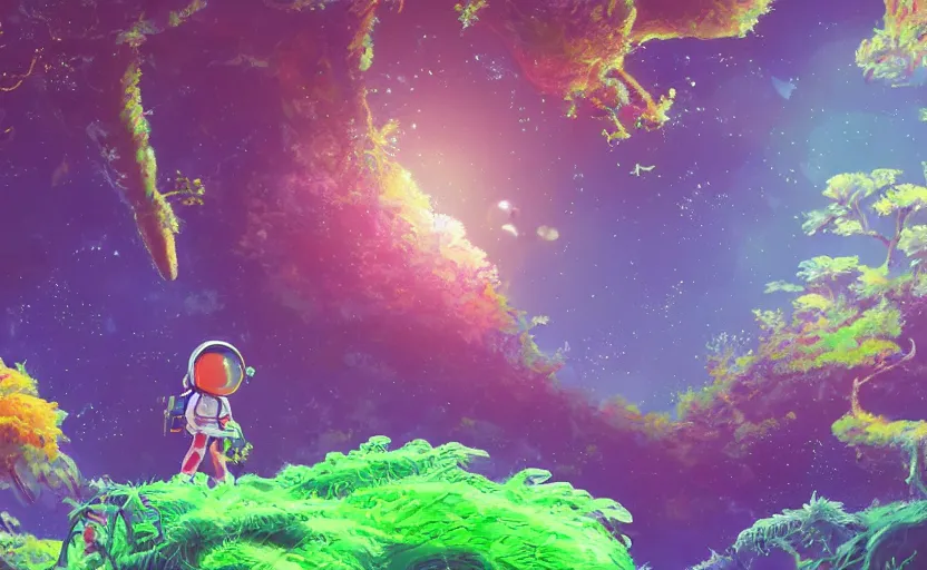 Prompt: a still of a cute adorable tiny astronaut, on a planet of lush colorful foliage, with an enormous kaiju space dragon surrounding the full background, magical forest, sharp focus, neon backlit, highly detailed, disney pixar studio ghibli makoto shinkai, digital painting, matte, octane render, global illumination, iridescent, anime, 8 k concept art