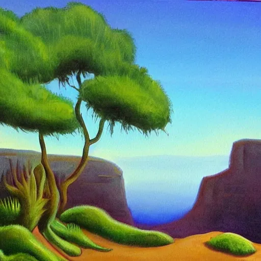 Prompt: painting of a lush natural scene on an alien planet by april m. rimpo. beautiful landscape. weird vegetation. cliffs and water.