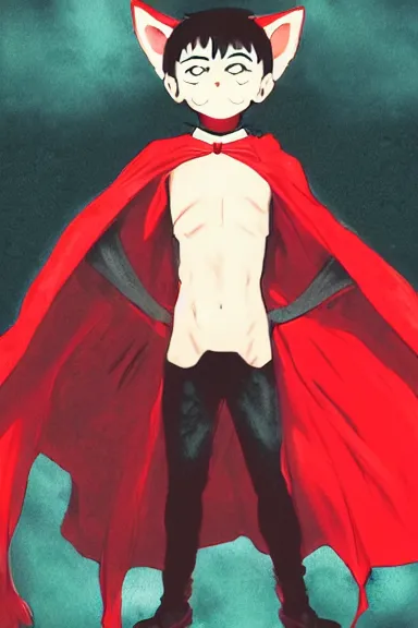 Image similar to little boy with cat ears in an big black outfit with red cape. digital artwork made by lois van baarle and kentaro miura, sharpness focus, inspired by hirohiko araki, anatomically correct, heroic composition, hero pose, smooth, noir