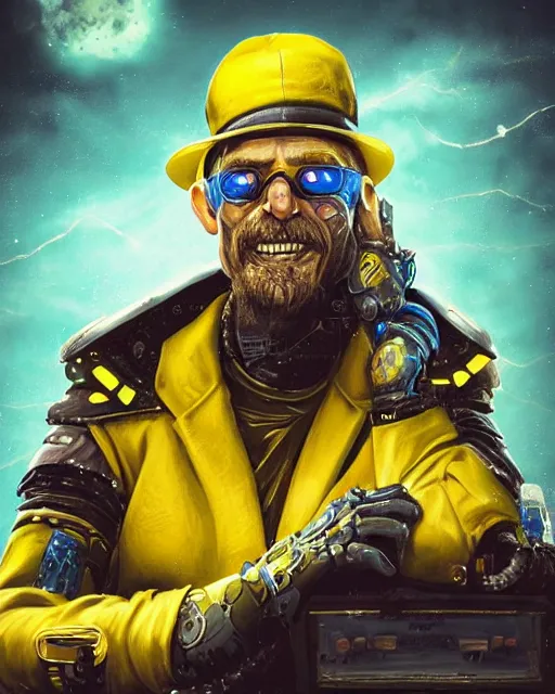 Prompt: an intimate portrait of a gnarly human cyberpunk captain, old skin, faded hat, robot hands, charming, strong leader, green eyes, a look of cunning, big smile, detailed matte fantasy painting, the planets and night storms behind him, yellow and blue and cyan