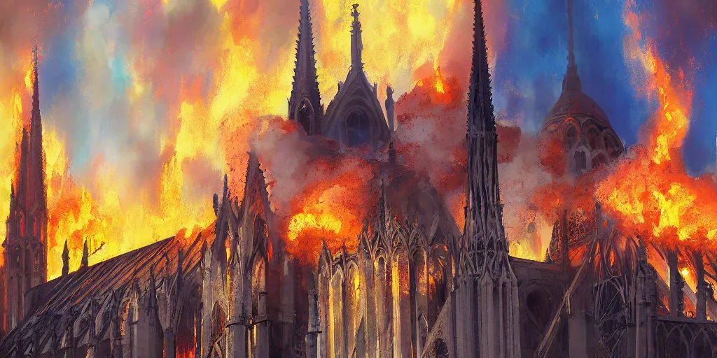 Prompt: fire engulphs the Notre Dame de Paris, abstract art by Makoto Shinkai