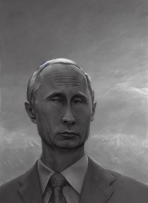 Image similar to Painting in a style of Beksinski featuring Vladimir Putin